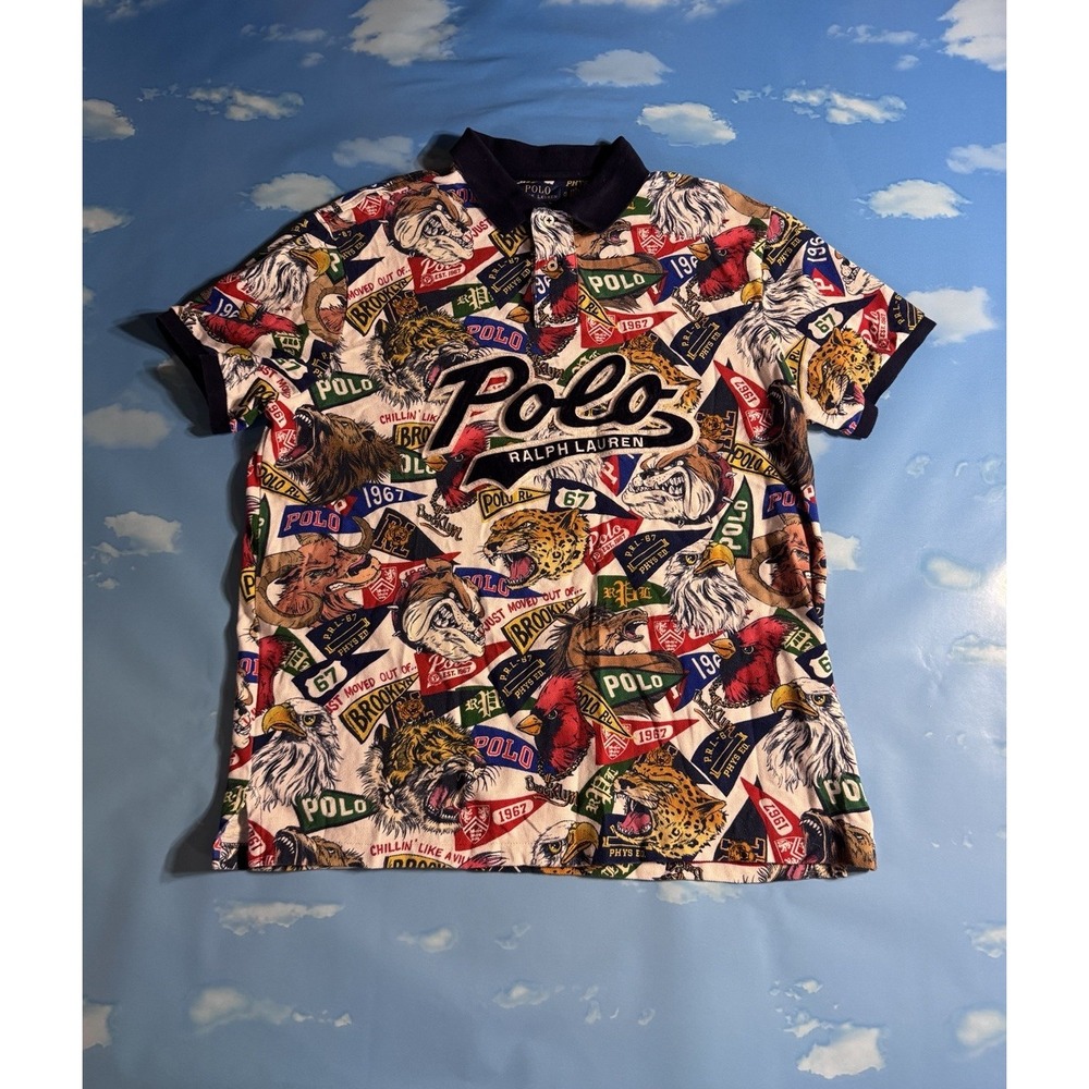 Polo Ralph Lauren Mens XL Custom Slim Tiger Pennant All Over Print Polo Shirt